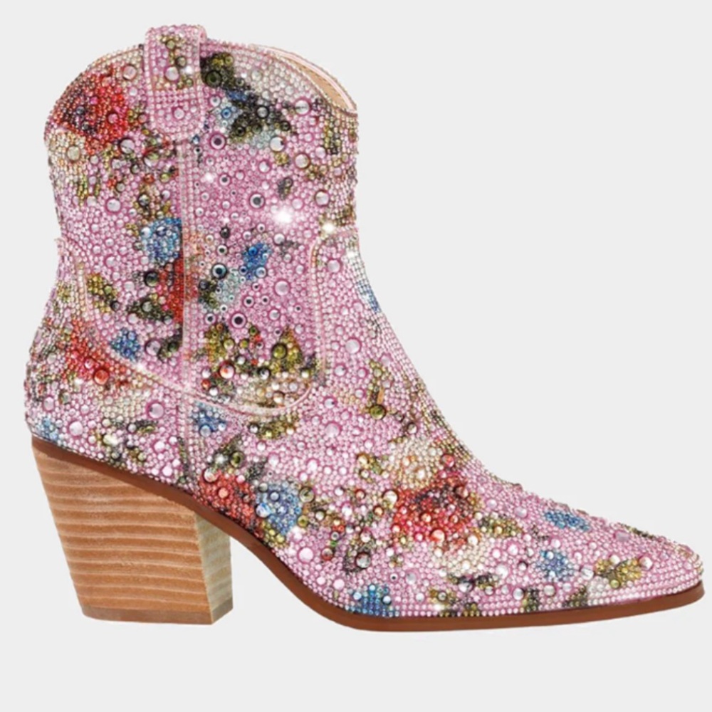 Betsey Johnson Diva F Cowboy Rhinestone Ankle Boots Booties, 8.5, Pink Floral - Picture 2 of 9